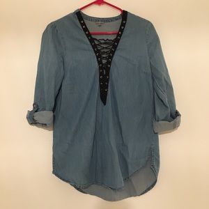 Denim Cuff Blouse with Black Lace Deep V-Neck Corset Front